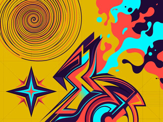 Fototapeta premium Vibrant Abstract Graphic Illustration with Hypnotic Spiral, Bold Star, and Fluid Street Art Elements on Yellow Background