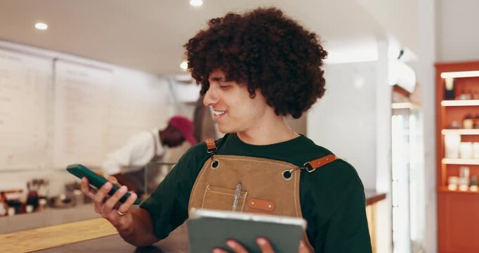 Phone call, smile and tablet with man in cafe for delivery schedule, contact and menu supply checklist. Online order, hospitality and restaurant reservation with person in coffee shop for shipment