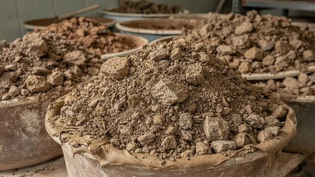 Medium shot capturing coarse ceramic aggregates mixed into raw clay batches highlighting texture and ecofriendly reclaim process in ceramics manufacturing.