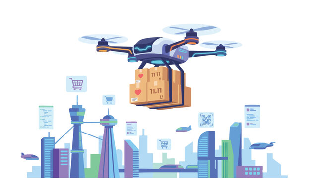 Drone delivering package over modern cityscape with skyscrapers and urban landscape