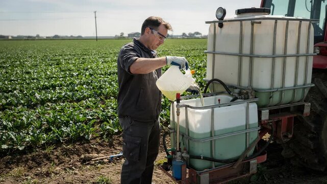 Farm worker adding cropspecific spreading oil to a sprayer tank in the field optimizing pesticide adherence tailored to unique plant surfaces during application.