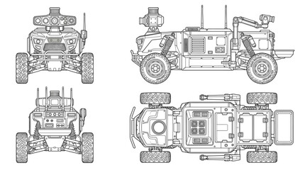 Obraz premium Crop scouting robot agricultural machine technical drawing blueprint with front side back and top views CAD line art vector illustration