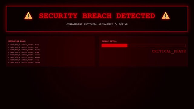 Futuristic Security Breach Detected Cyber Attack Intrusion Alert Red Warning UI Dashboard Screen Display.