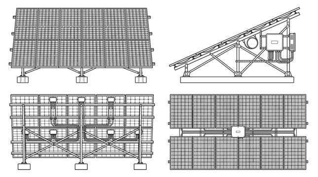 Solar panel array energy system technical drawing blueprint with front side back and top views CAD line art vector illustration