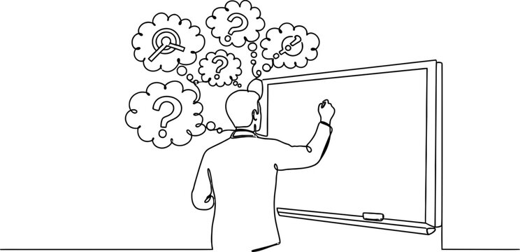 Man thinking at blackboard with question marks and target symbols in thought bubbles, continuous line drawing