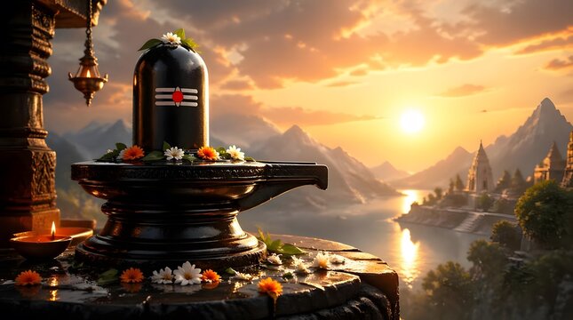 Decorative Shiva Linga on Plinth with Flowers in Sunset Mountain Temple