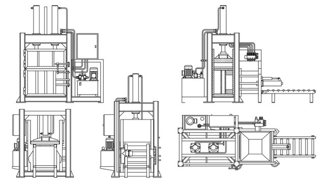 Hydraulic bale press industrial machine technical drawing blueprint with front side back and top views CAD line art vector illustration