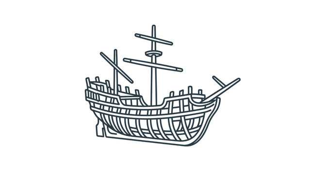 Outline drawing of a vintage sailing ship on a white background.