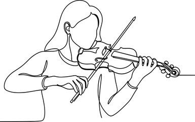 Continuous line drawing of a woman playing the violin, minimalist illustration of musician with instrument © Hanaf