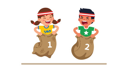 Fototapeta premium Excited boy and girl children jumping in sack race on white background, EPS vector illustration