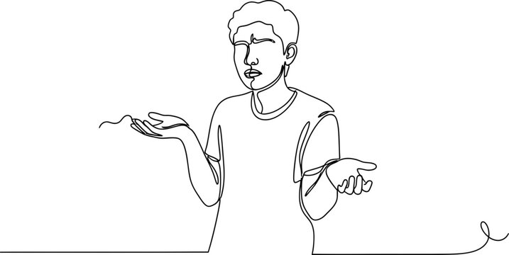 Confused Man Gesturing Shrug, Single Line Drawing Art, White Background