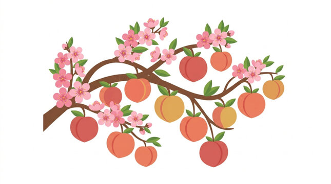 Peach Tree Branch With Ripe Fruit and Blossoms.