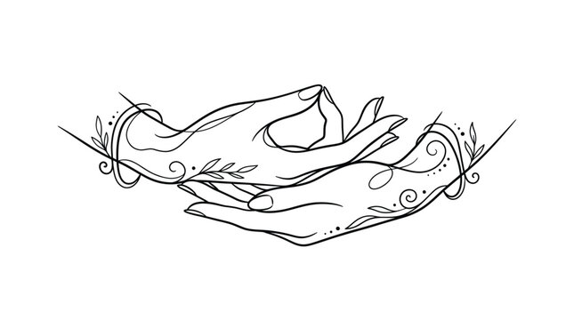 Line art hands in mudra gesture with botanical decoration on white background, EPS vector illustration