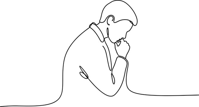 Man in contemplation, single line drawing, deep thought, introspection, business man silhouette