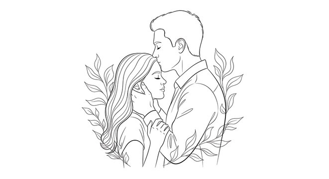 Romantic couple embrace elegantly in delicate floral line isolated on a transparent background, romantic embrace