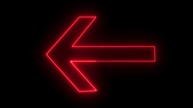 Red color neon arrow pointer pointing left with glowing effect on black background motion animation 4k video...