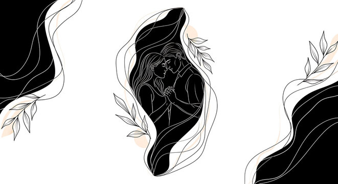 Romantic line couple in flowing nature setting isolated on a transparent background, romantic line flowing nature