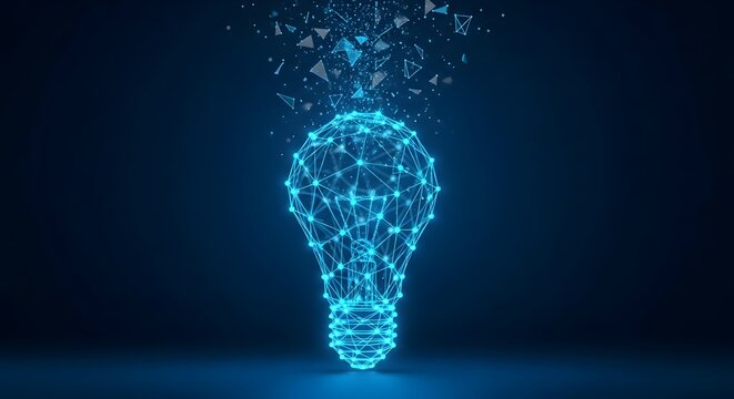 Glowing digital light bulb with mesh network. Creative idea and global innovation concept. Networked connections exploding into particles on dark blue background