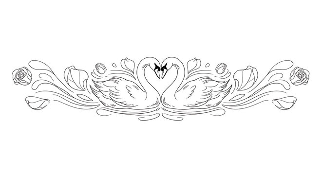 Romantic swan heart with delicate floral motifs isolated on a transparent background, swan delicate swan