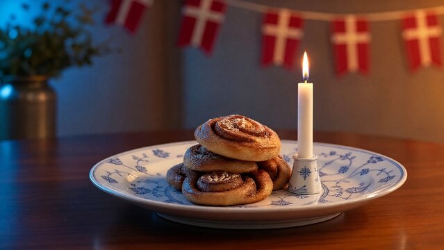 bunting. Danish porcelain plate with blue floral patterns, cinnamon pastries, festive bunting. menu design, packaging mockups, designed for culinary blogs and recipe cards for restaurants.