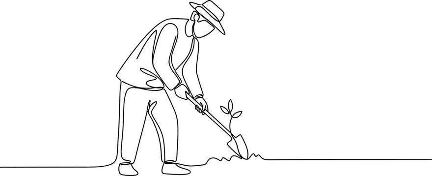 Minimalist line art of a person planting a sapling with a shovel, symbolizing growth and nature.