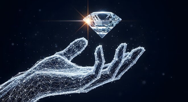 Wireframe digital hand holding a floating diamond. Wealth creation and blockchain cryptocurrency value. Virtual network lattice arm presenting a brilliant shining crystal gem.