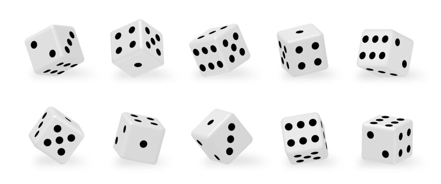 White dice collection with black dots. Realistic white pipped dice for craps, gamble and casino games. 3d rolling dice set with random numbers and black pipps. Vector