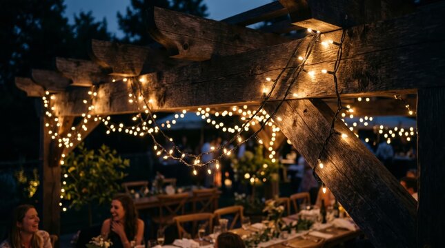 A warm, inviting outdoor dining setup featuring soft string lights, creating a magical evening atmosphere for a celebration.