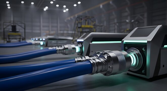 Industrial factory machines connected with heavy blue hoses. Automatic production line and heavy industry hardware. Steel electronic equipment boxes pumping liquid inside a warehouse.