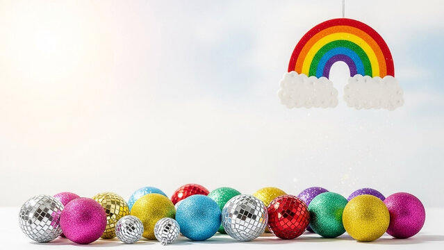 Colorful Disco Balls and Glittery Ornaments with Rainbow