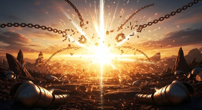 Heavy chains exploding into pieces from bright flash. Freedom and breakthrough concept. Broken metal links shattering under high power impact
