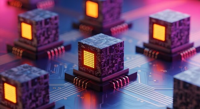 High tech computer microchip cubes on a circuit board. Advanced microprocessor unit and quantum computing power. Glowing gold processor core managing data stream on motherboard