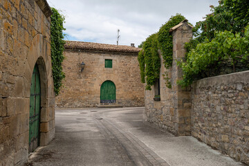 Naklejka premium Stone houses with green doors and windows. Artajo, Lónguida Valley. Navarre