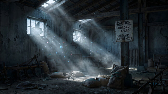 Sunlight rays streaming into a dusty abandoned barn with wooden interior