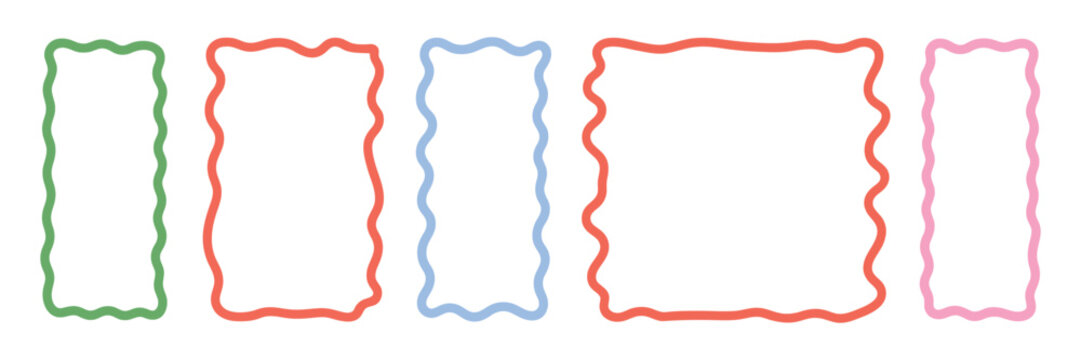 Zig zag wavy edge rectangle frame border shapes set displaying curvy abstract outlines for stickers, social media posts, and promotional graphics. Vector illustration.