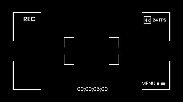 Cinematic video camera overlay, modern dslr recording interface, black screen filming frame, focus brackets, recording symbol, battery level, 4k graphics.