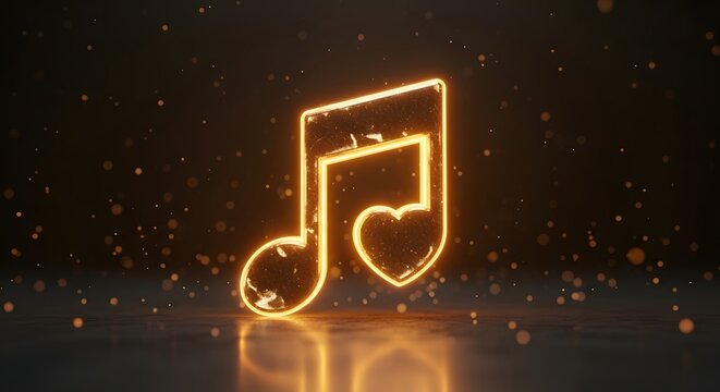 Glowing neon music note symbol with a heart shaped interior cutout. Audio streaming player app icon or festival branding element. Luminous golden musical icon floating over dark background with sparks