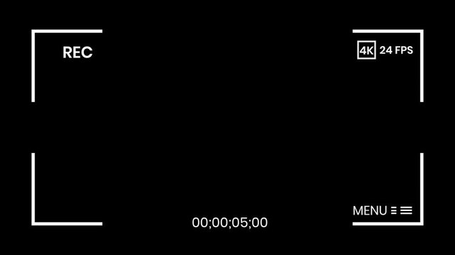 Realistic dslr camera overlay, digital recording frame, video grid, rec animation, battery display, focus brackets, streaming production assets black screen 4k.