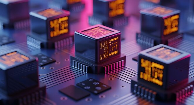 Modern computing mainframe microchip blocks and server farm hardware processing power. Tech network engineering data. Grid of dark metallic motherboard processors glowing orange