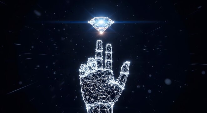 Digital plexus network hand reaching towards a glowing diamond. Cyber security and digital asset value concept. Futuristic technology lines and dots pointing to a bright gemstone in space.