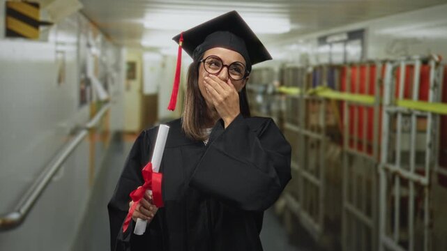 Woman in graduation gown holding diploma with hand to mouth in corridor; pride achievement celebration.