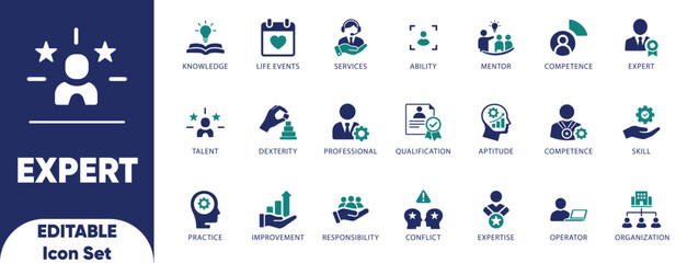 Naklejka premium Expert Solid icon set. advice, adviser, cognition, competence, conclusion, expertise, mentor, qualification, illustration, and solid illustration.
