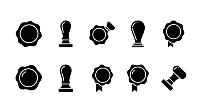 Set of Black Wax Seal and Stamp Icons: Approval, Quality, Guarantee