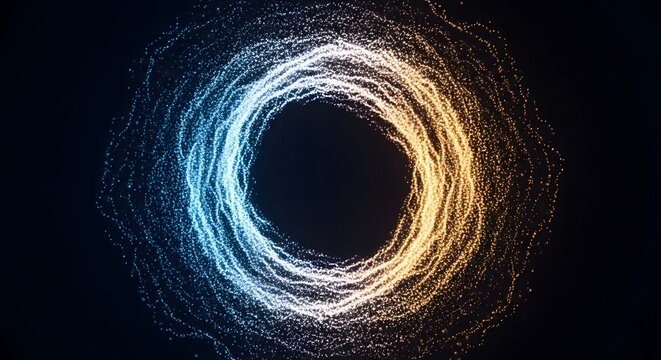 Abstract swirling particle ring glowing with blue and orange energy. Digital data processing and network synchronization concept. Dynamic circular vortex of light dots moving on dark background.