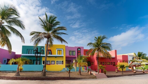 wide angle view of colorful complex and palm trees on sal island in cape verde