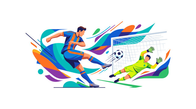 Soccer player kicking ball past goalkeeper