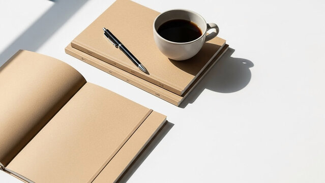 Notebooks, Pen, and Coffee Cup in Minimalist Setting