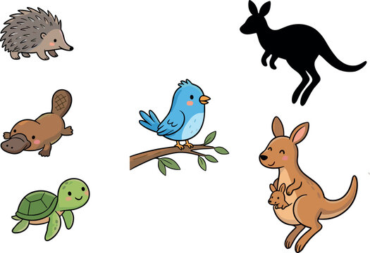 Children shadow matching educational game vector concept featuring cute cartoon animals including kangaroo bluebird platypus echidna and turtle isolated on white background.