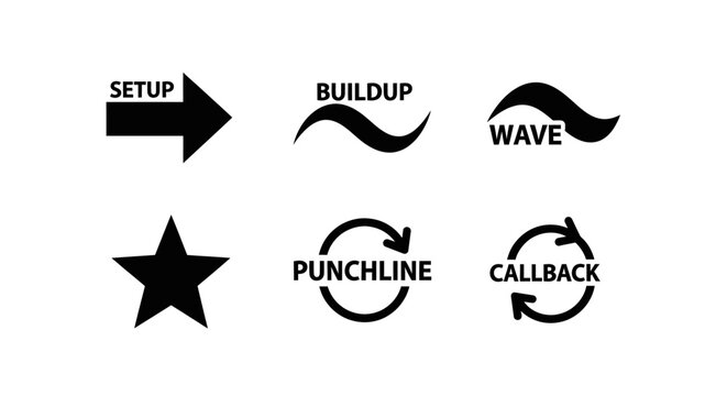 Set of vector icons: arrow, buildup wave, star, punchline, callback symbols
