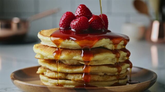 Golden Syrup Pouring Over A Stack Of Fluffy Pancakes With Raspberries